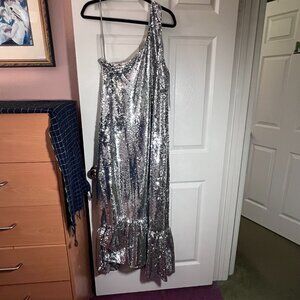 Anthropologie Maeve Asymmetrical Silver Sequin Maxi Dress